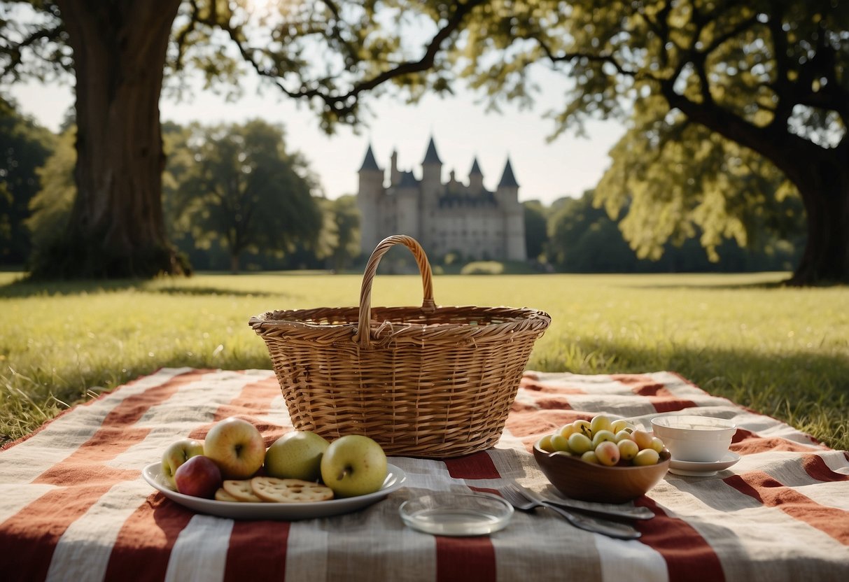 A picnic blanket spread out under the shade of a grand oak tree, with a view of a historic castle in the background. A wicker basket filled with vintage-style dishes and utensils sits on the blanket