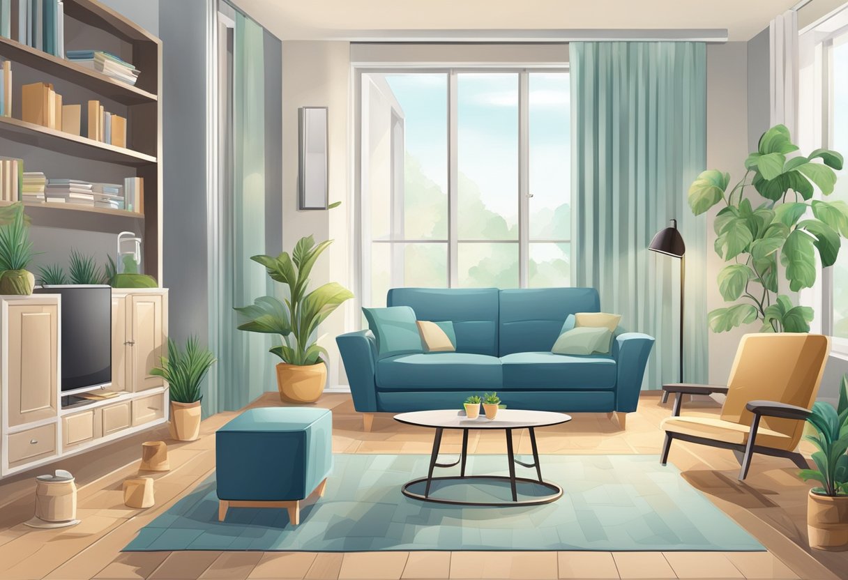 Furniture emits odours. Show a room with various furniture pieces emitting different smells. Illustrate methods to remove odours