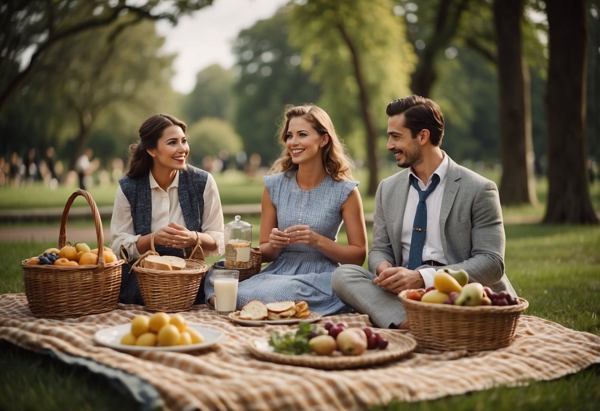 A picnic scene with people in historical attire, using vintage blankets, wicker baskets, and antique tableware. A backdrop of a scenic park or garden with a vintage feel