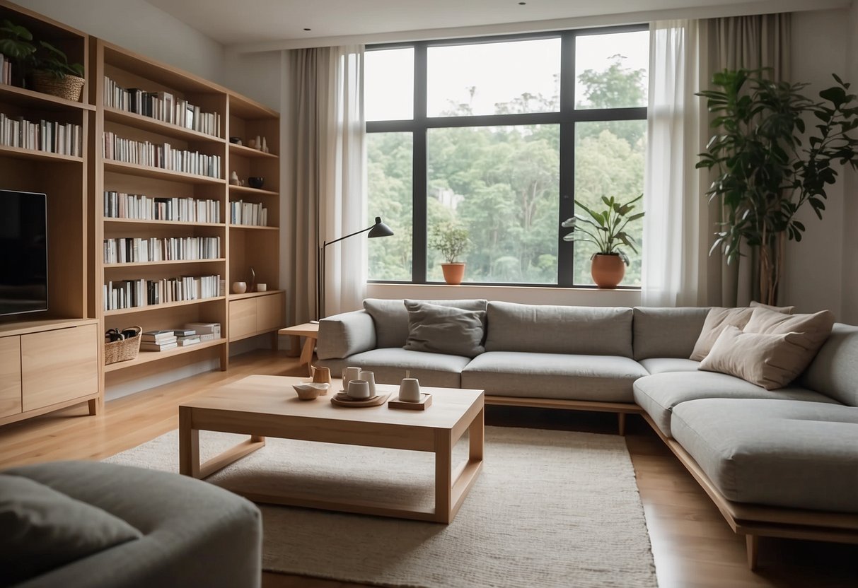 A cozy living room with minimalist Muji furniture, including a sleek wooden coffee table, a comfortable fabric sofa, and a simple yet elegant bookshelf