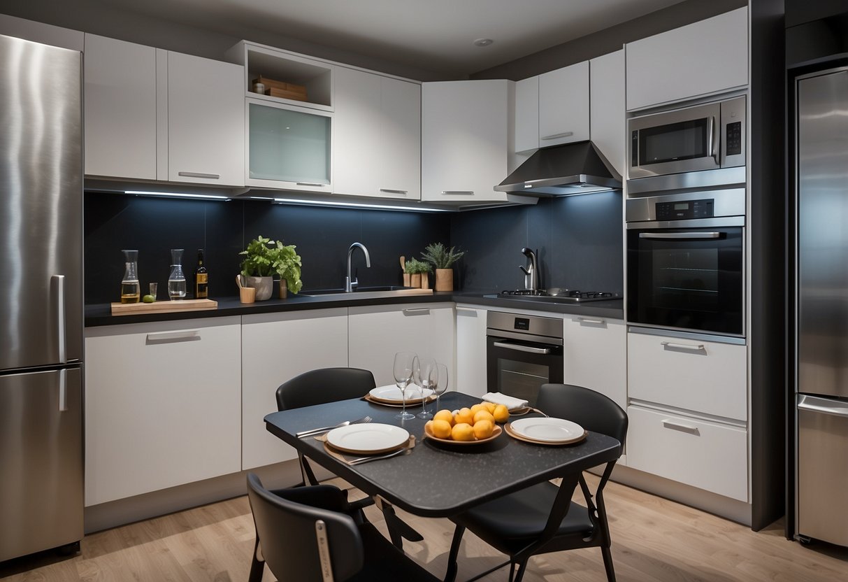 A compact kitchen with foldable table, stackable chairs, and sliding cabinets