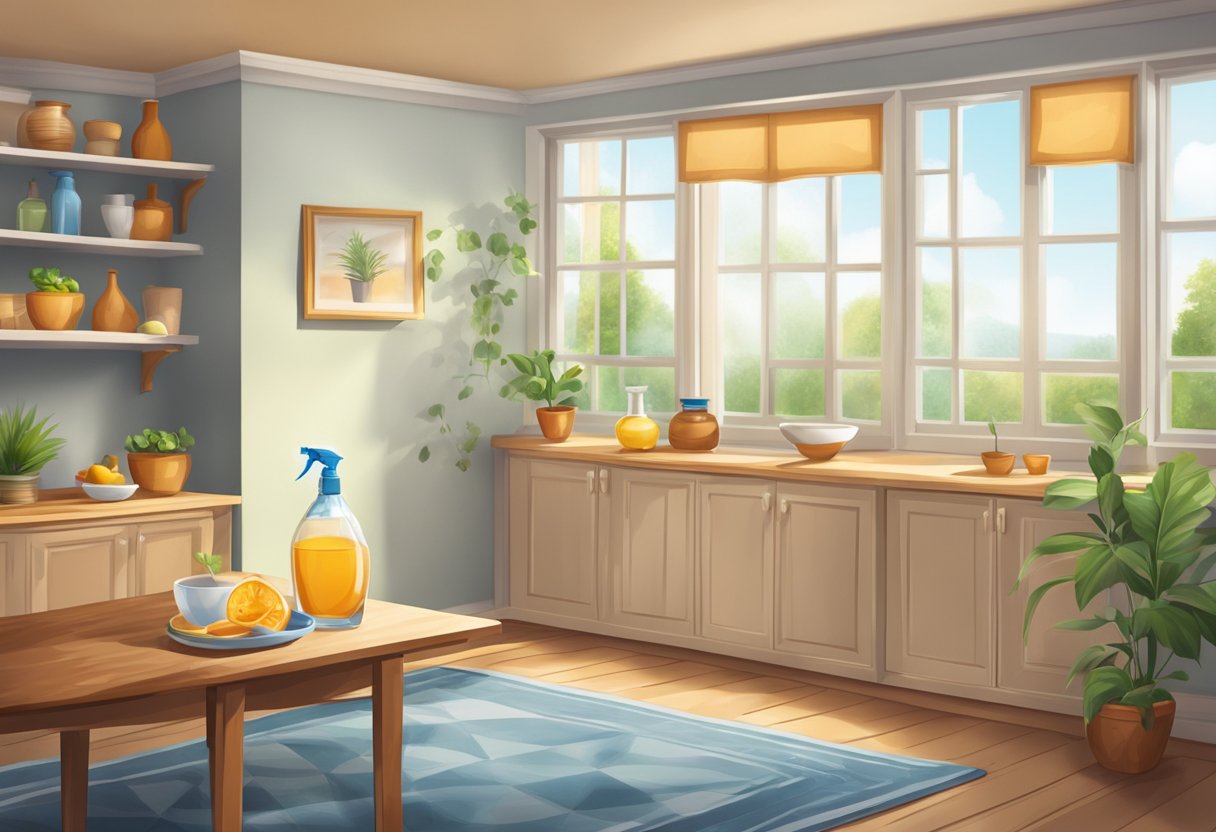 A room with open windows, a bowl of baking soda on the furniture, and a spray bottle of vinegar solution