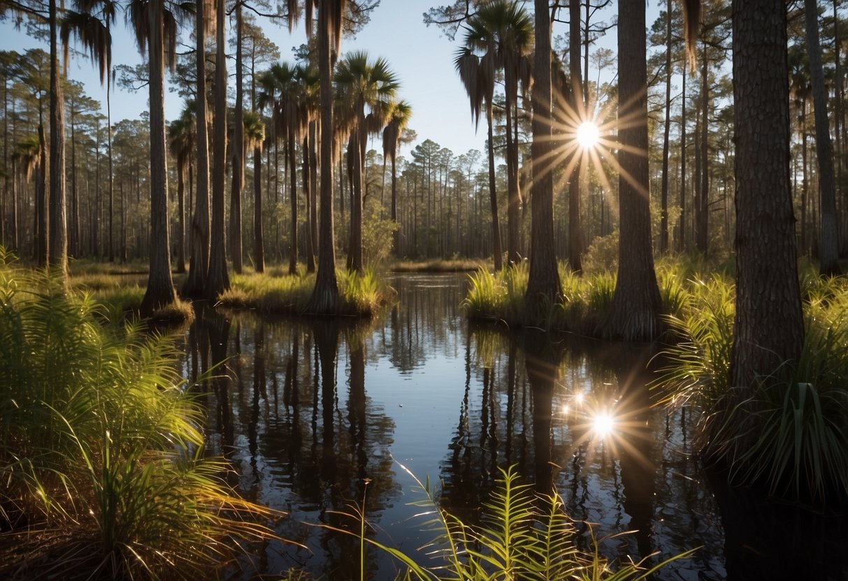 Sunlight filters through cypress trees, illuminating serene waterways. Birds chirp and insects hum in the peaceful Okefenokee Swamp. Perfect picnic spots await among lush wetlands