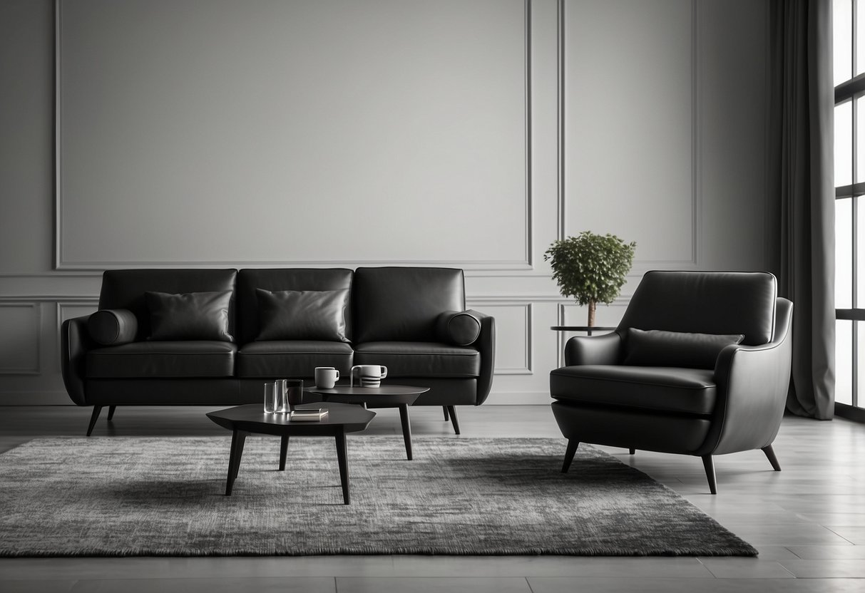 A modern black and white furniture set arranged neatly in a minimalist room with clean lines and simple decor