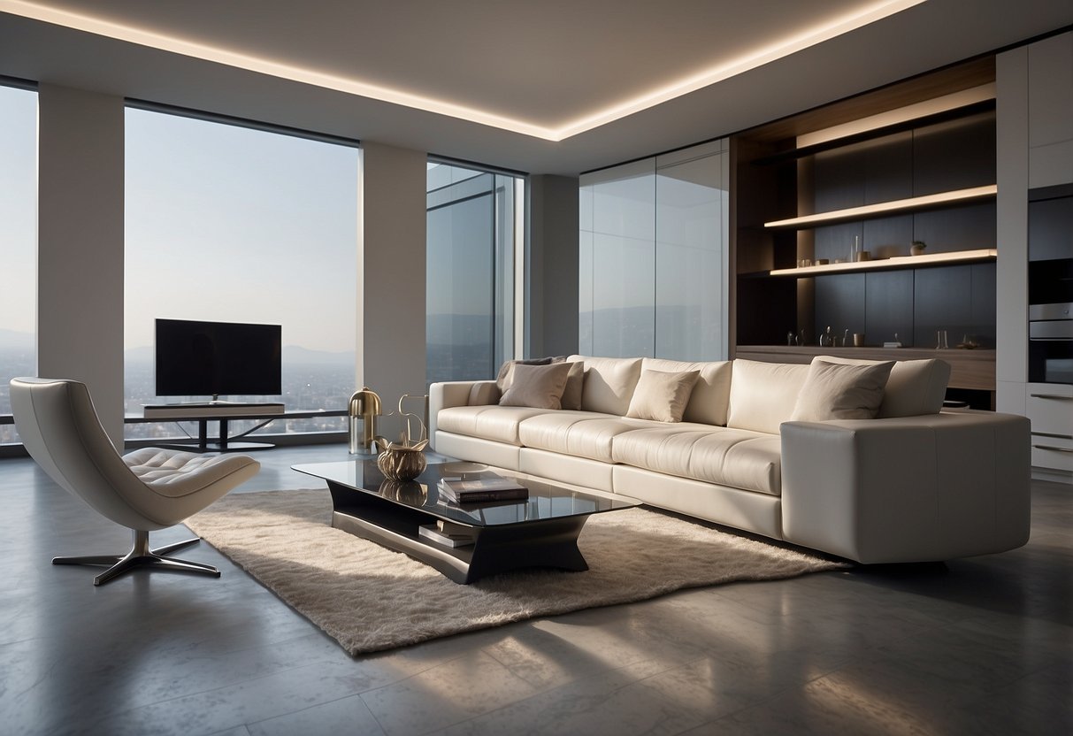 A sleek, minimalist room with futuristic furniture arranged in a clean, organized manner. The furniture features smooth, metallic surfaces and innovative, space-saving designs