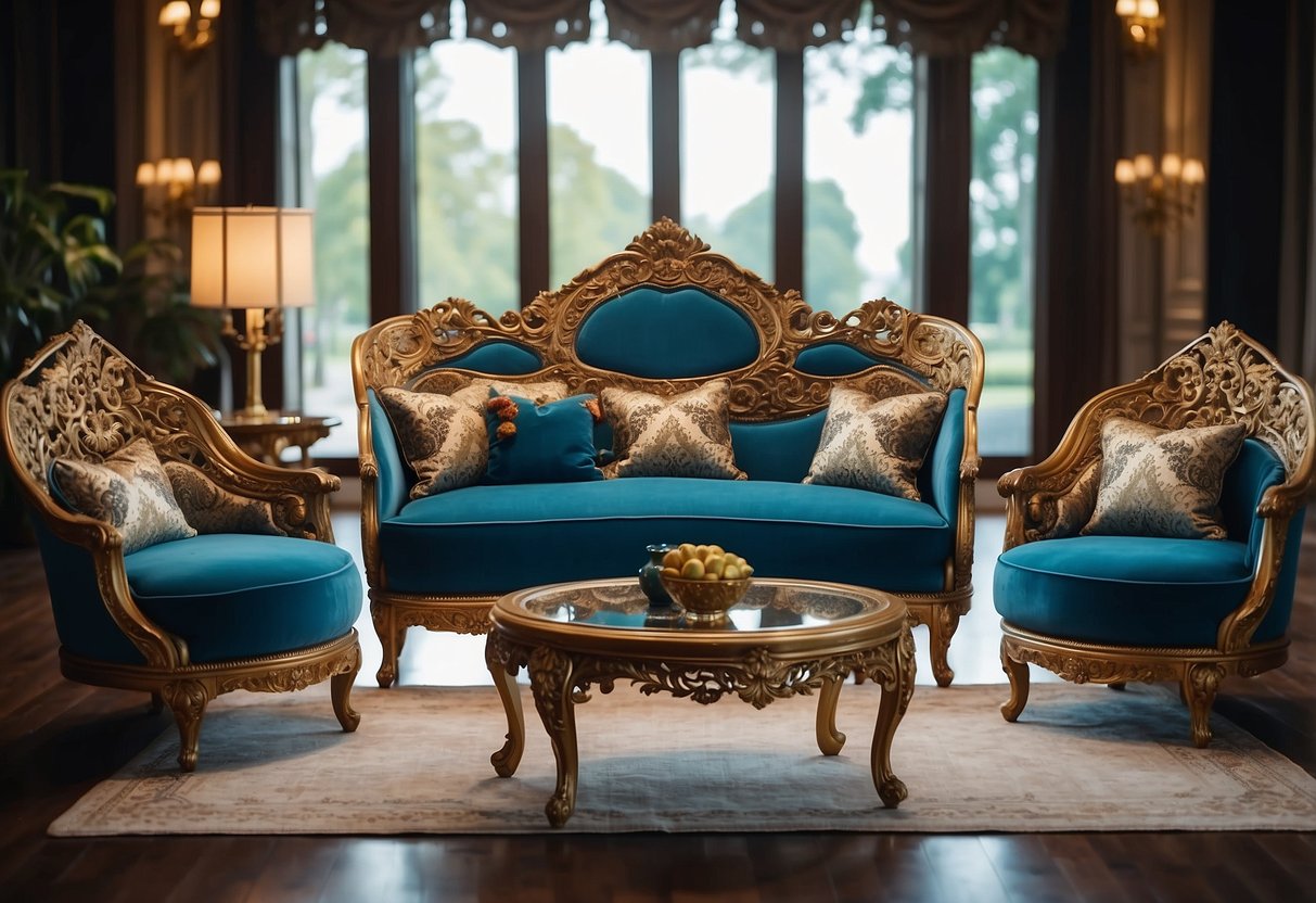 Luxurious furniture with ornate details and rich fabrics, fit for royalty. Rich colors and intricate carvings adorn the elegant pieces