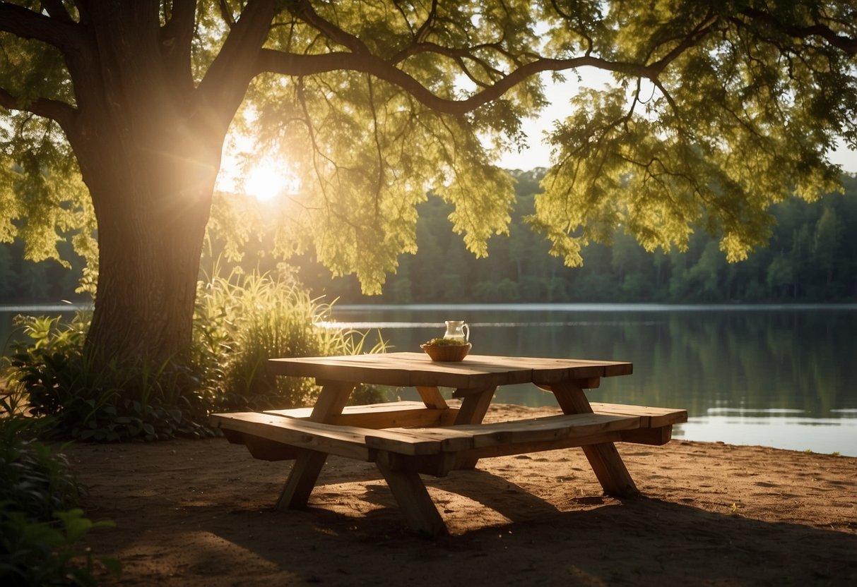 Sunlight glistens on calm waters, surrounded by lush greenery. A wooden picnic table sits under a shady tree, with birds chirping in the background