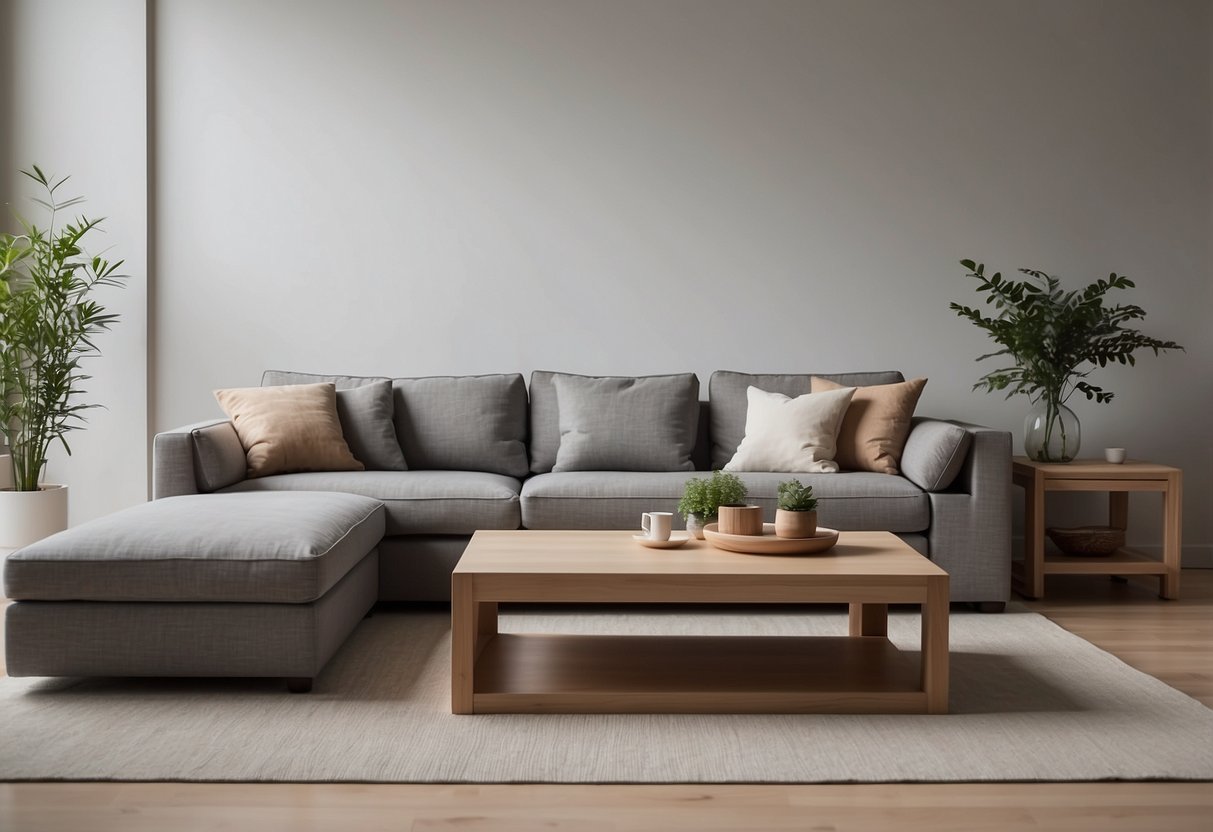 A cozy living room with minimalist Muji furniture: a low wooden coffee table, a simple sofa with neutral cushions, and a sleek bookshelf