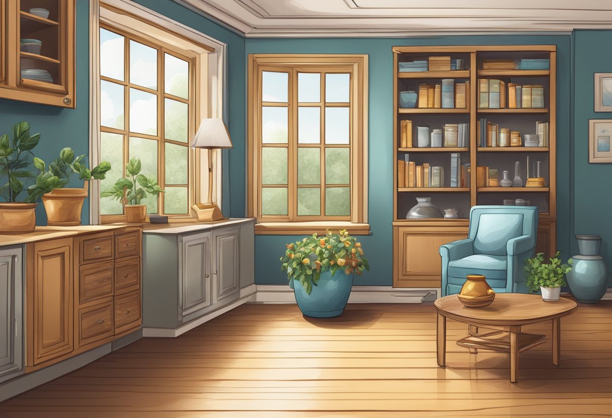 A room with furniture, open windows, and a bowl of vinegar to remove smell