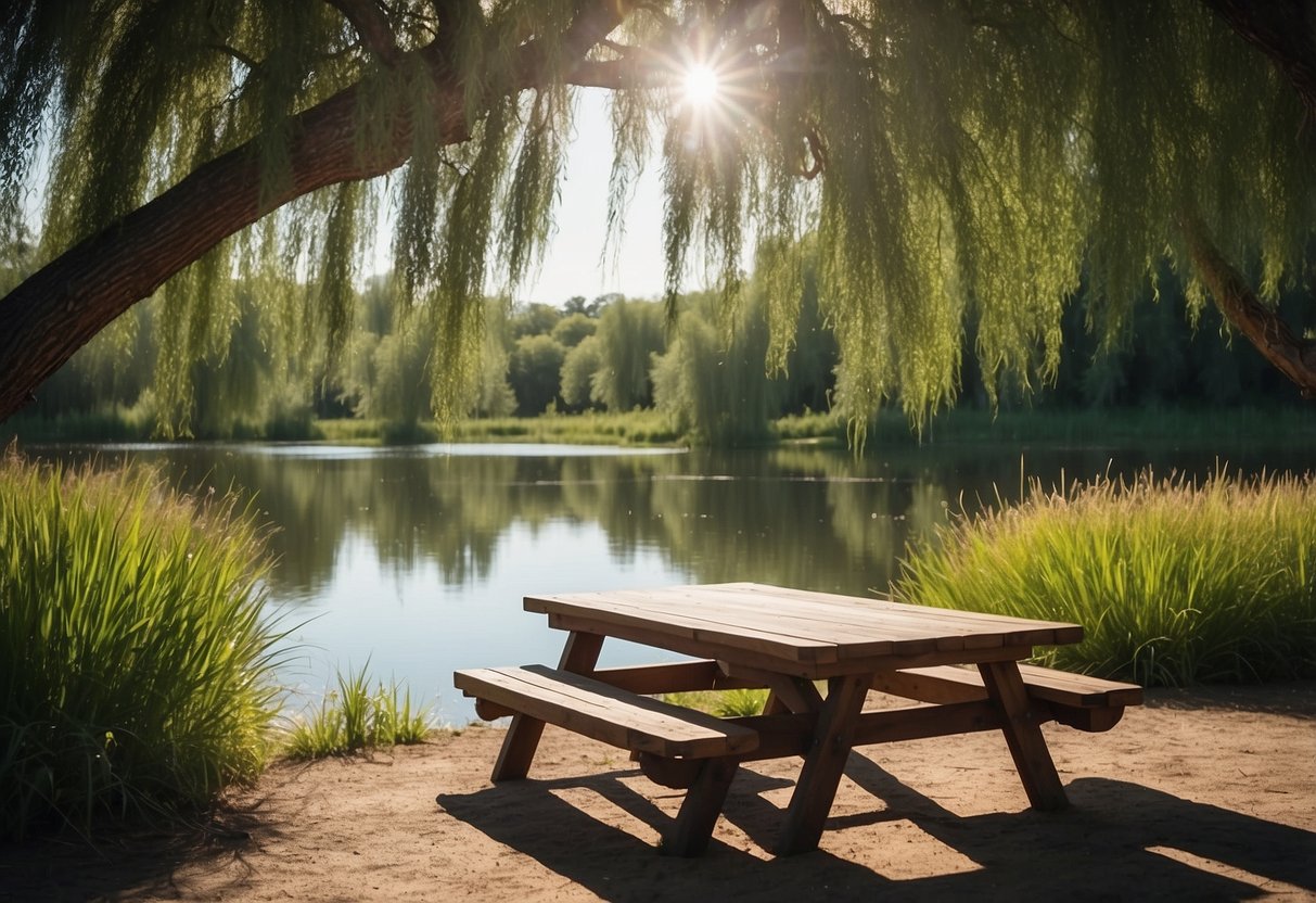 A lush wetland with calm waters, surrounded by tall reeds and colorful wildflowers. A wooden picnic table is set under the shade of a large willow tree, with a clear view of the serene landscape