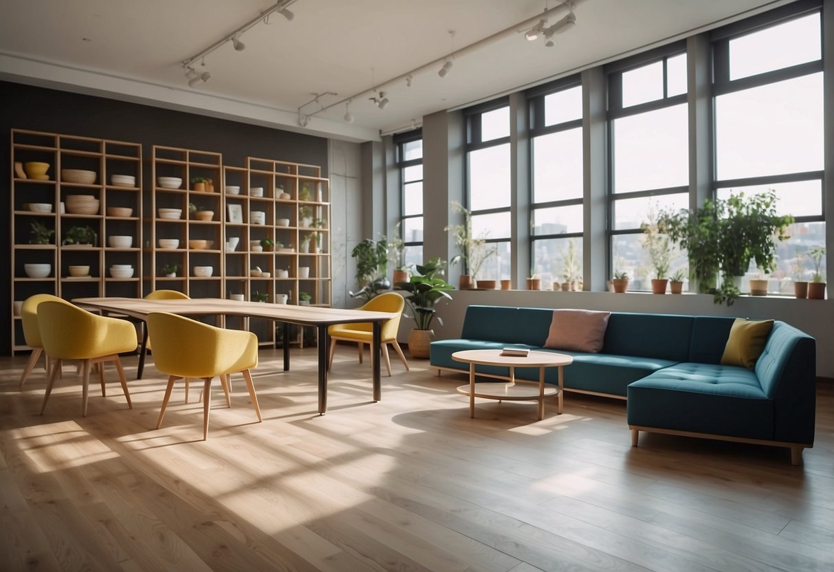 A room with modular furniture: shelves, tables, and chairs interlocking and adjustable. Bright, open space with natural light