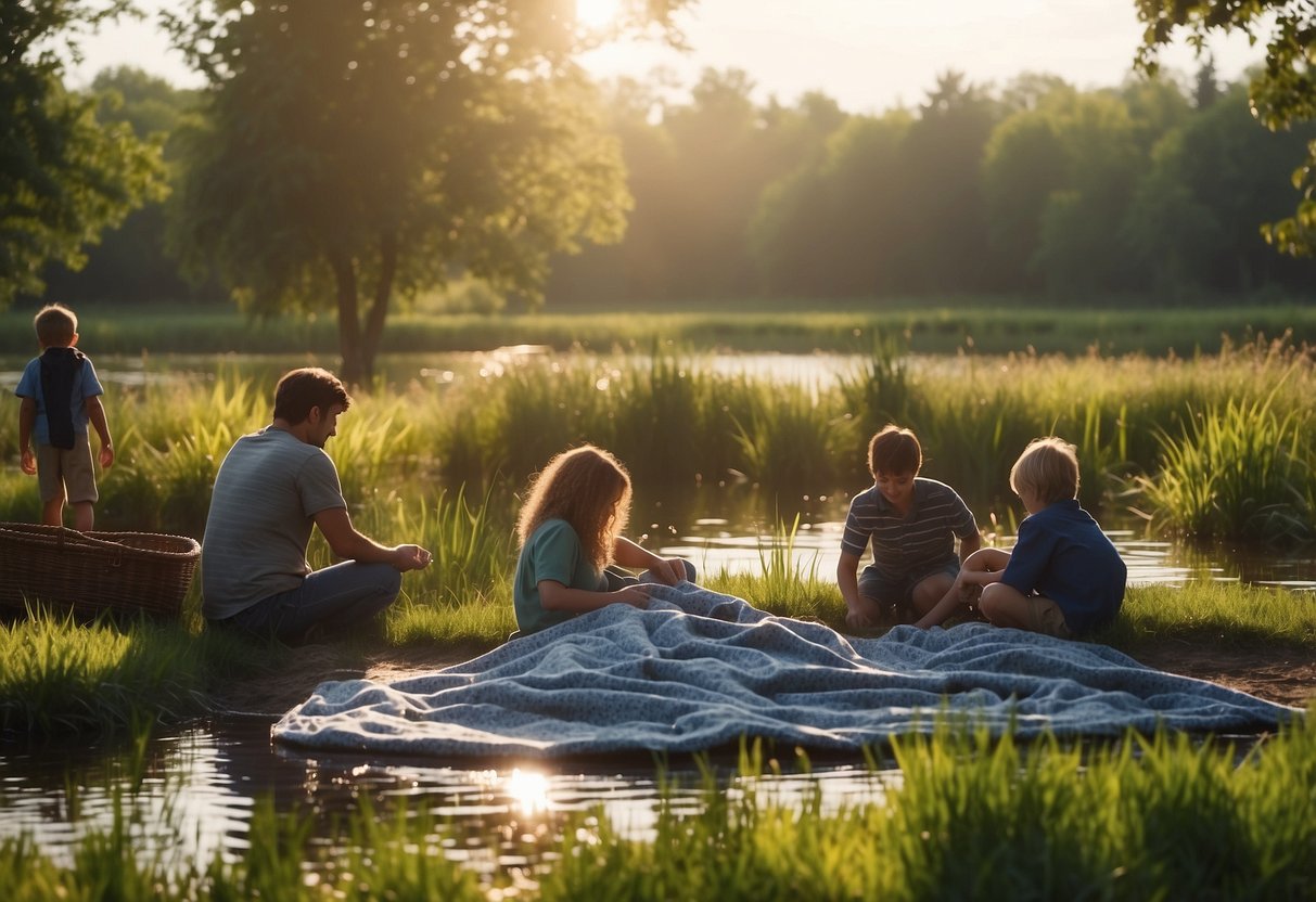 Families lay out blankets and unpack baskets in lush wetlands. Ducks swim in the nearby pond as the sun shines through the trees