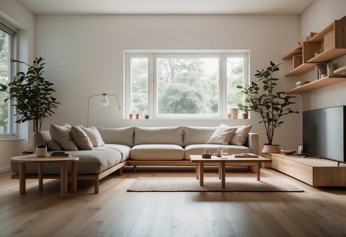 A minimalist living room with Muji furniture made from sustainable materials, featuring clean lines and natural textures