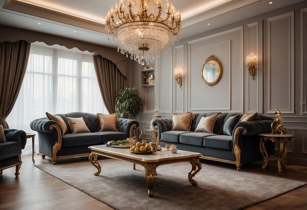 A spacious living room with elegant royal look furniture, including a regal sofa, ornate coffee table, and luxurious chandelier