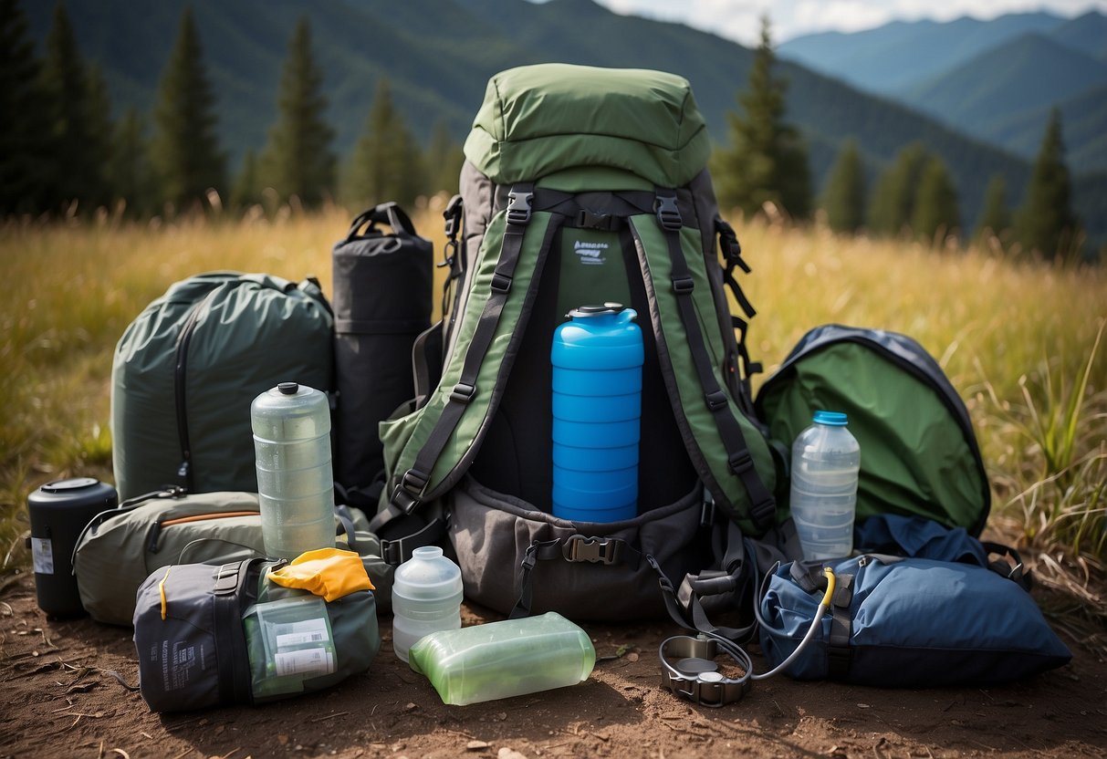 A backpack filled with a sleeping bag, tent, stove, water filter, map, compass, headlamp, first aid kit, and multi-tool. The gear is arranged neatly on the ground with a scenic mountain backdrop