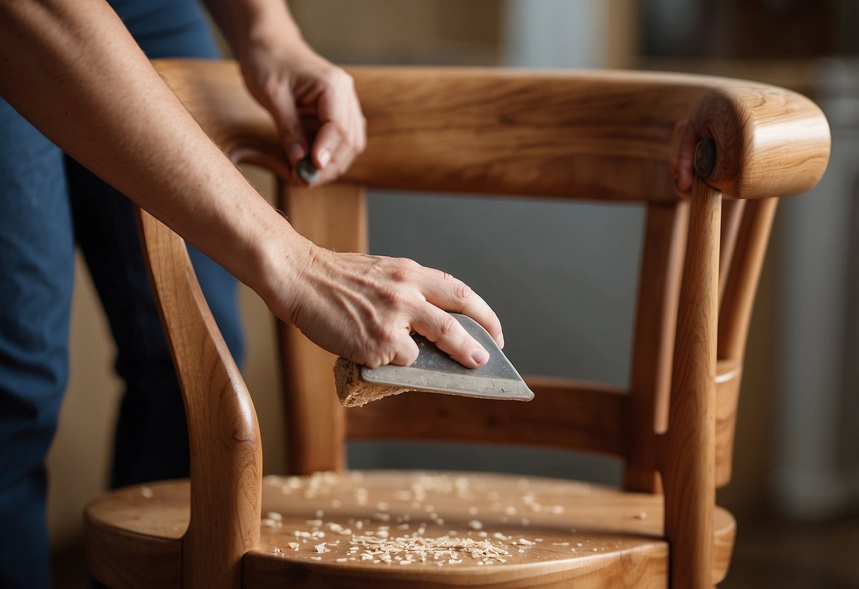 A wooden chair with a visible chip on its armrest, a person applying wood filler with a putty knife to fill the chip, and then sanding it smooth