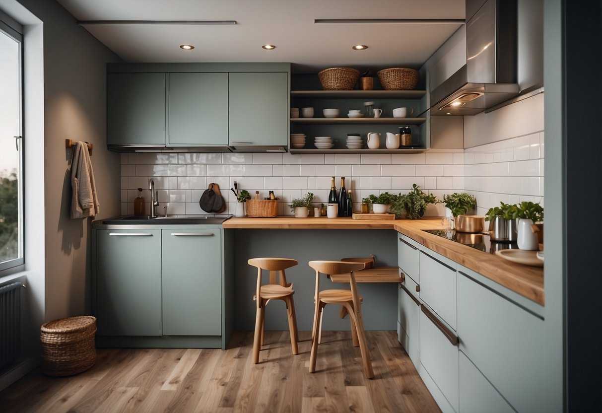 A small kitchen with foldable tables, sliding cabinets, and hanging racks to maximize space