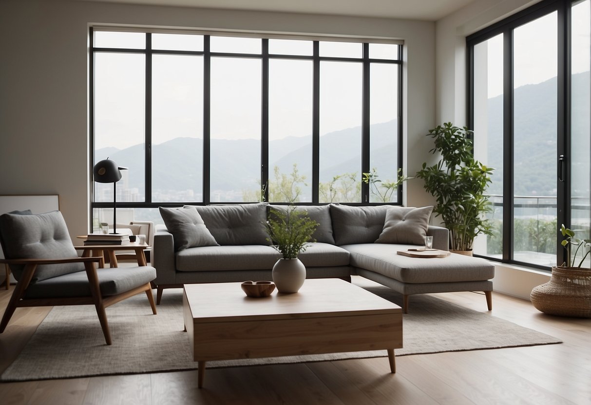 A clean, modern living room with Muji furniture. Simple, functional pieces arranged in a minimalist style. Light flooding in through large windows