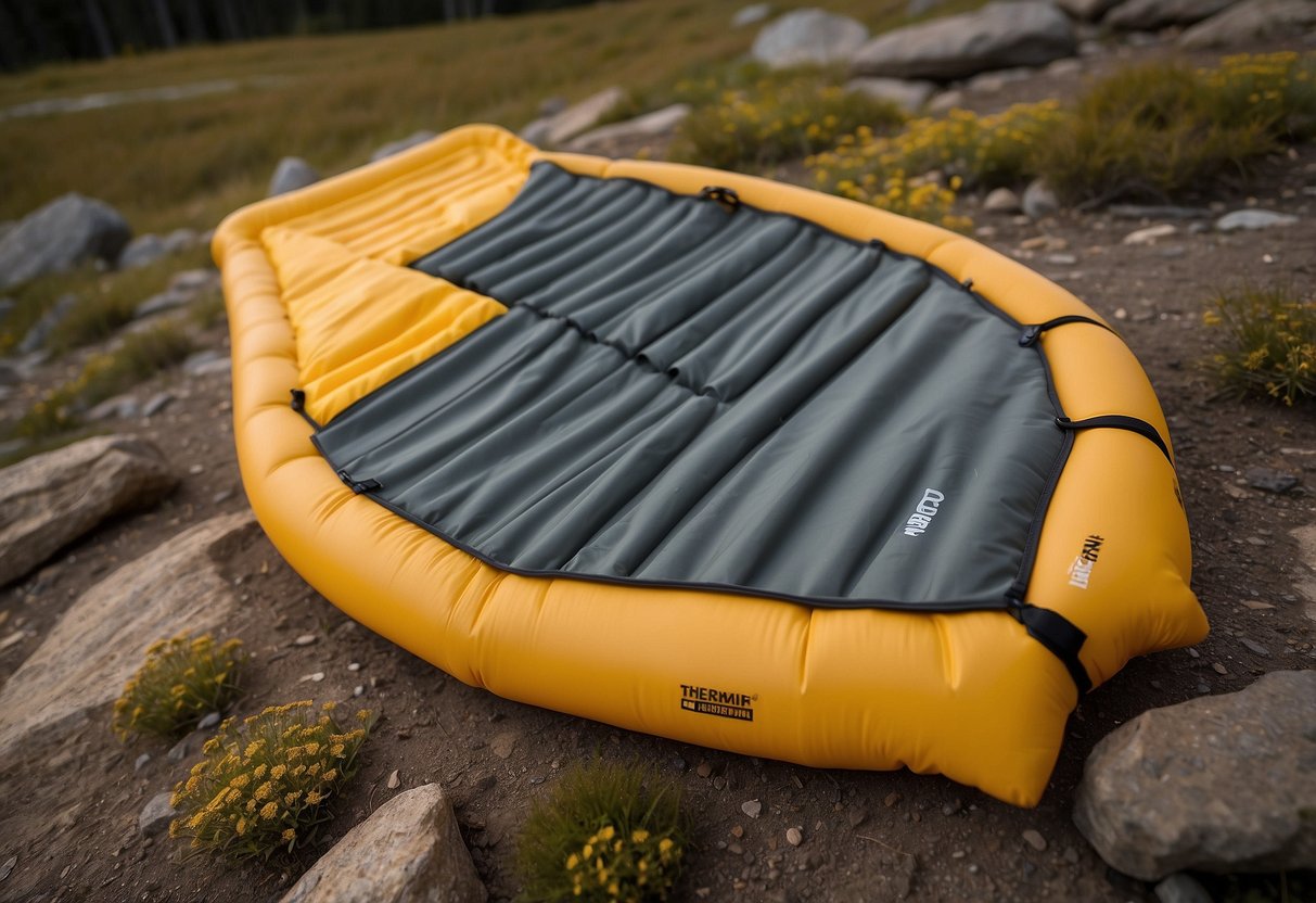 The Therm-a-Rest NeoAir XLite Sleeping Pad lies flat on the ground, surrounded by essential backpacking gear like a tent, stove, and water filter