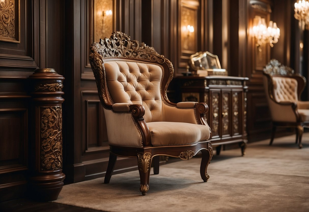 A grand, ornate armchair sits in a luxurious showroom, surrounded by elegant tables and cabinets. The rich, polished wood and intricate carvings exude a regal air