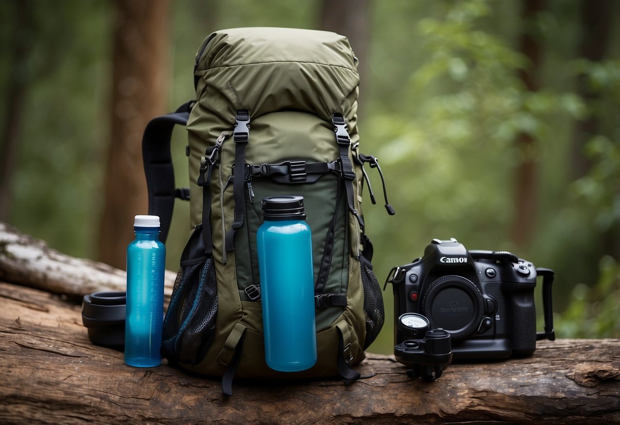 A backpack lays open, revealing a Sawyer Products MINI Water Filtration System among 10 essential gear items for backpacking beginners