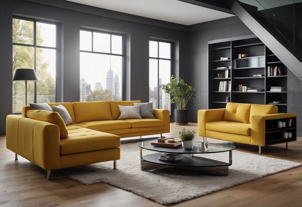 A modern living room with interchangeable modular furniture pieces arranged in various configurations