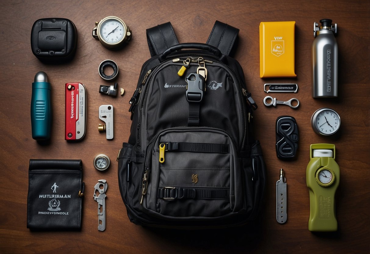 A Leatherman Wave Plus Multitool sits atop a backpack, surrounded by essential gear items such as a compass, flashlight, and first aid kit