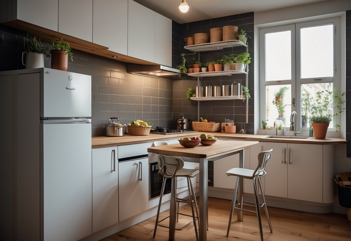 A compact kitchen with foldable table, stackable chairs, and sliding pantry shelves. Efficient use of wall space with hanging pots and utensils