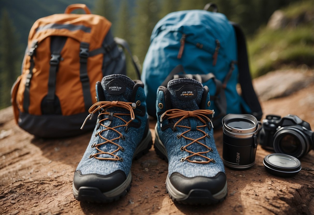 A pair of Darn Tough Hiker Micro Crew Socks lying next to a backpack, water bottle, map, and other essential gear items for backpacking beginners