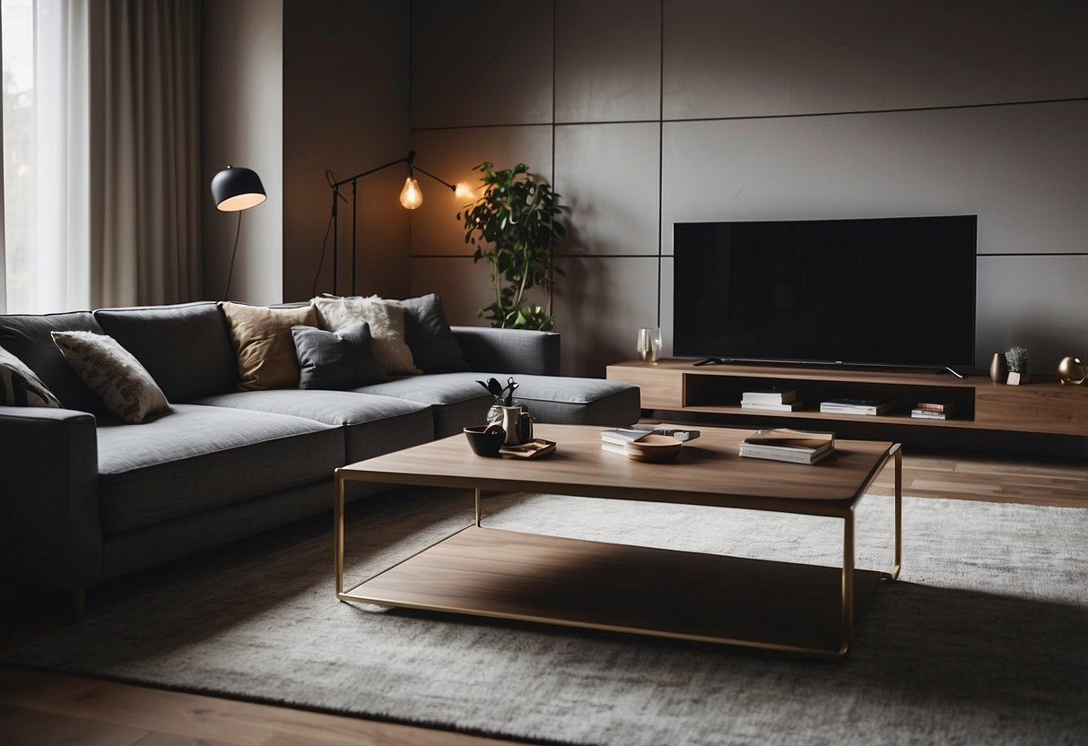 A cozy living room with a comfortable sofa, a stylish coffee table, and a sleek entertainment center, all united in modern furniture design
