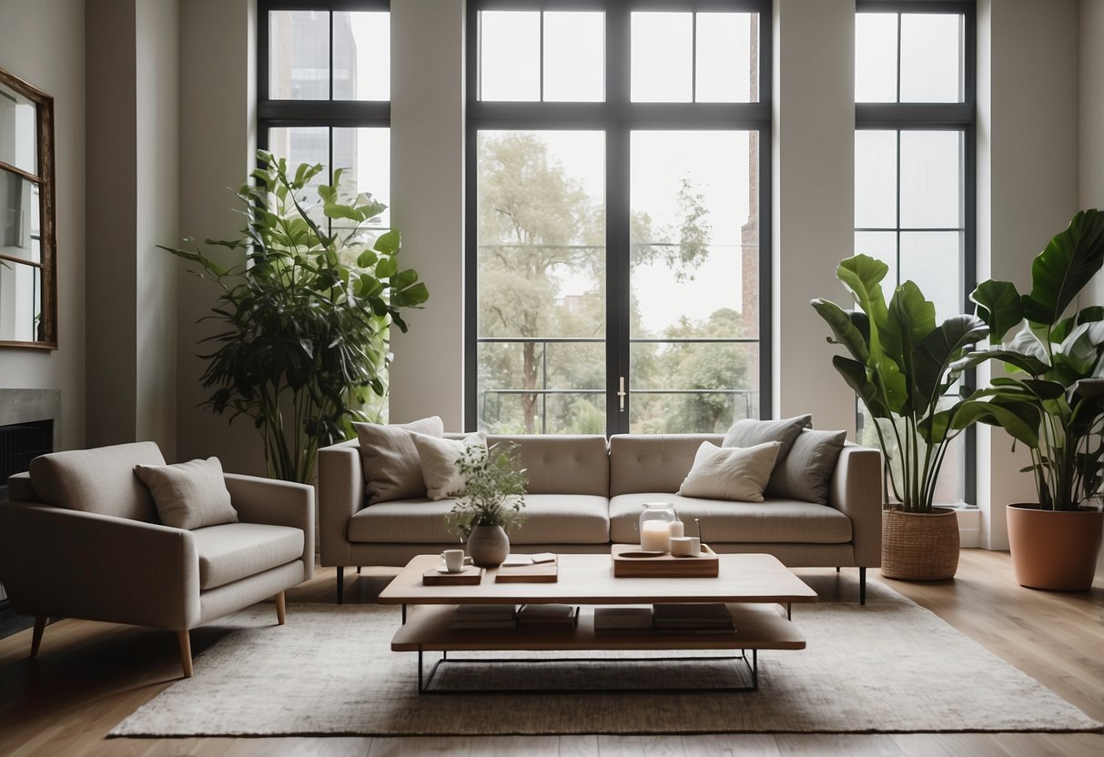 A modern living room with a sleek, minimalist sofa, a contemporary coffee table, and a statement armchair. The room is bathed in natural light from large windows, and there are potted plants adding a touch of greenery to the space