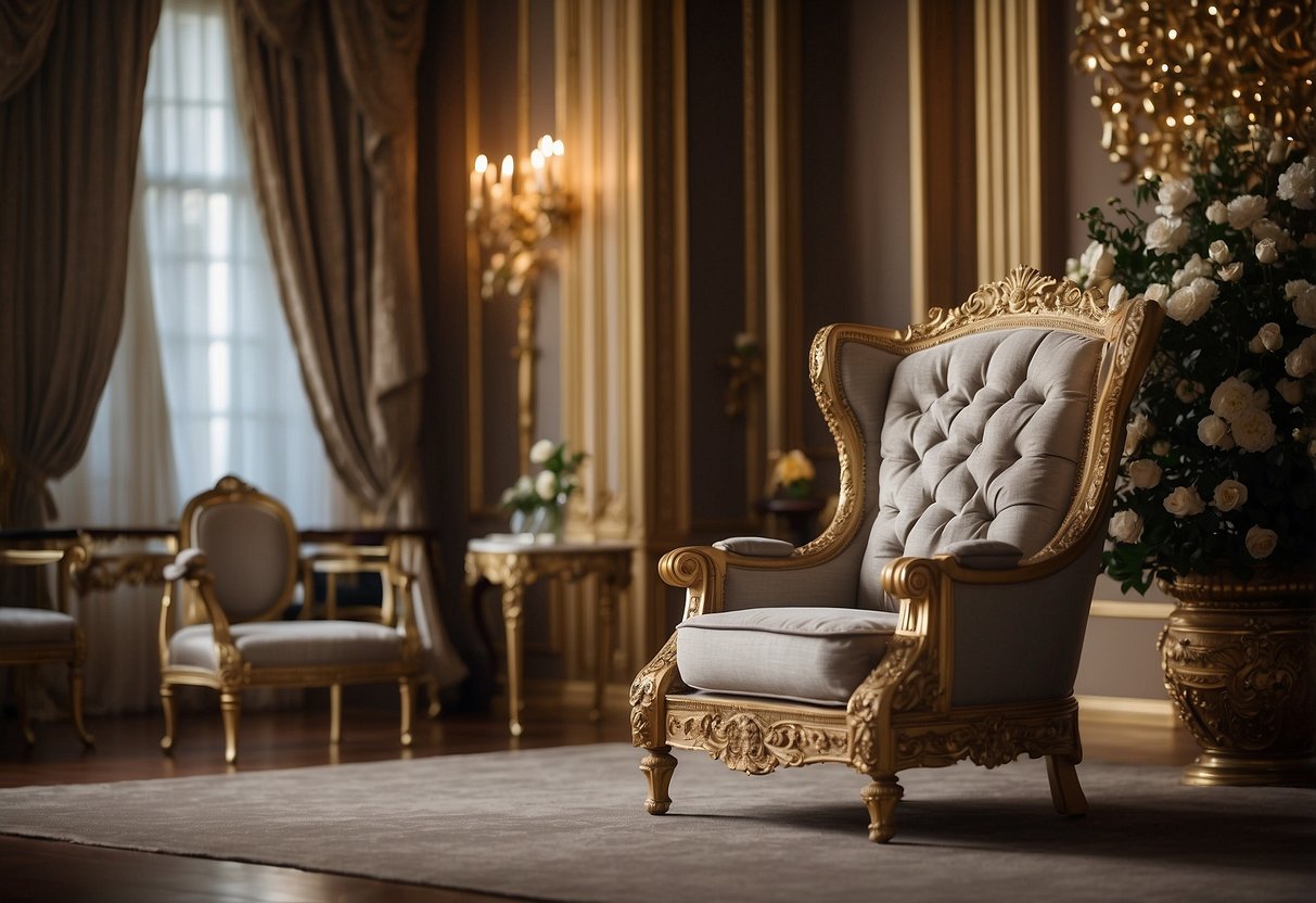 A regal throne surrounded by elegant, ornate furniture, with a banner reading "Frequently Asked Questions" draped above
