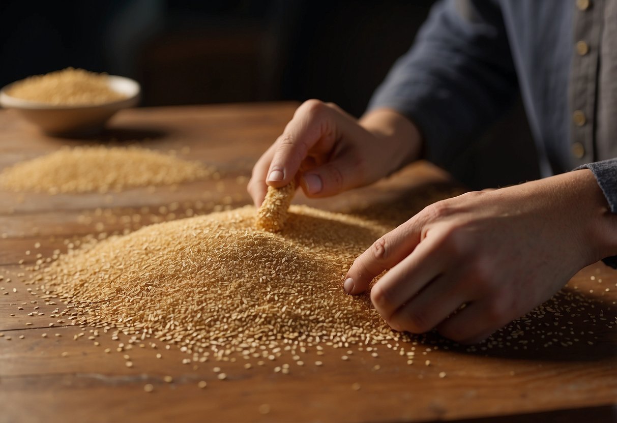 A person applies wood filler to fill in small chips on a wooden table. Sandpaper smooths the surface before a coat of matching stain is applied