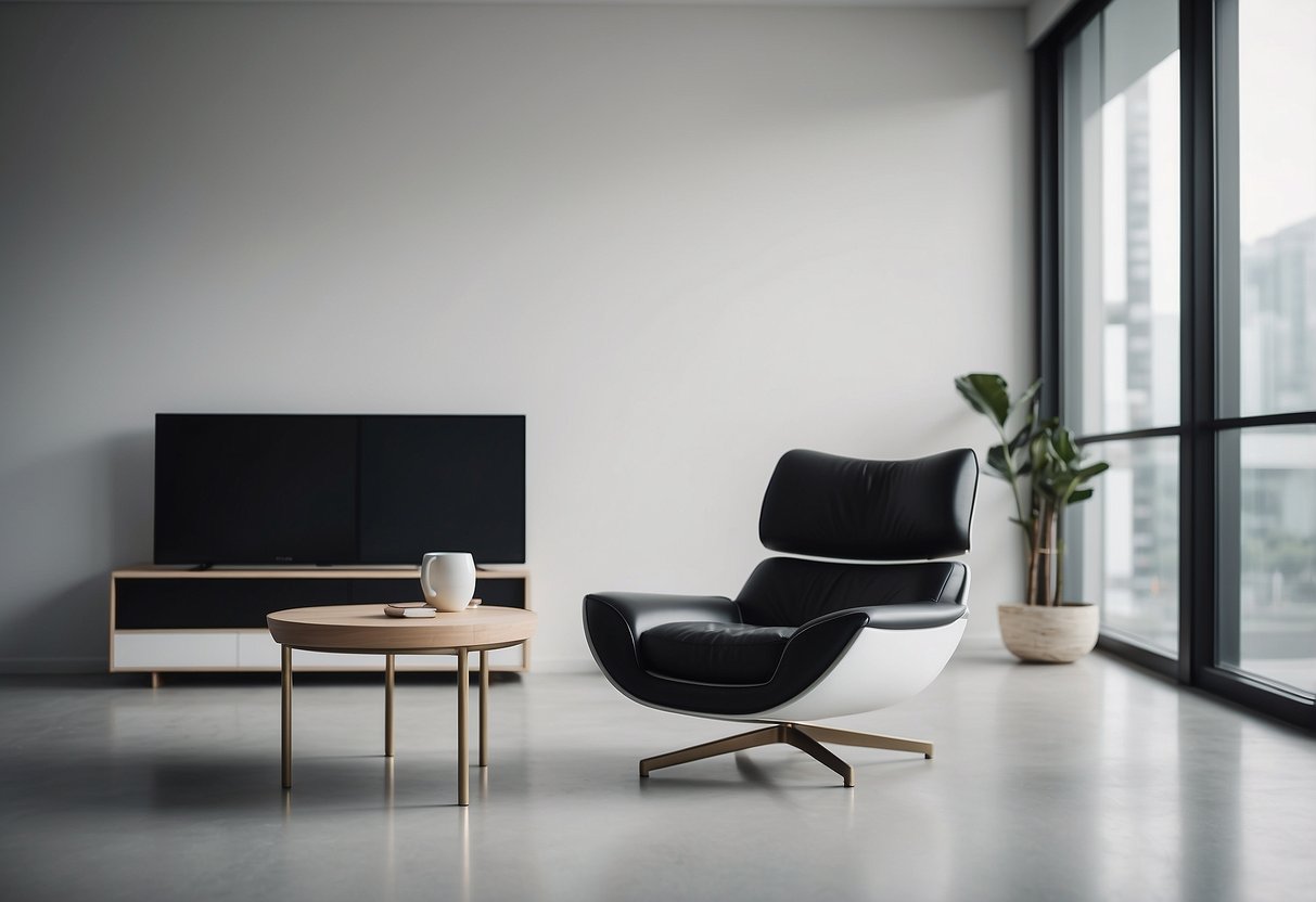 A sleek, modern chair with clean lines and ergonomic design, surrounded by minimalist, functional furniture in a bright, airy room