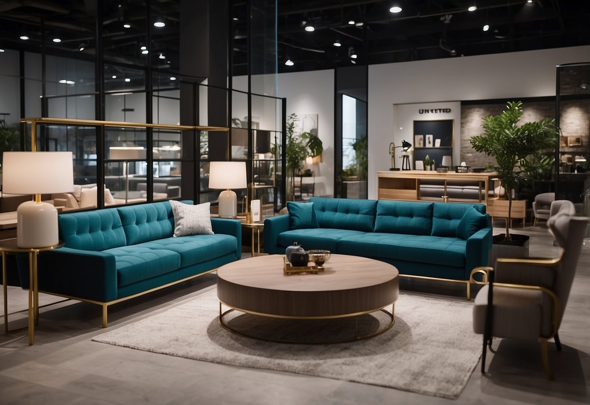 A modern showroom with sleek furniture displays and branding elements at Behind the Brand United Furniture