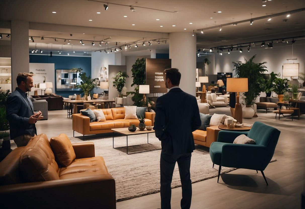 A group of people browsing through a showroom filled with modern and stylish furniture, with a sign above that reads "Frequently Asked Questions united furniture"