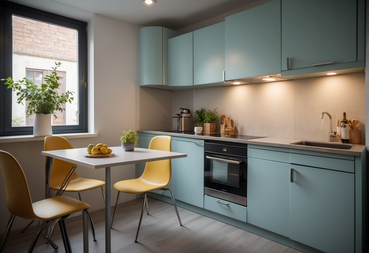 A compact kitchen with foldable tables, sliding cabinets, and nested chairs. Efficient use of space with multipurpose furniture