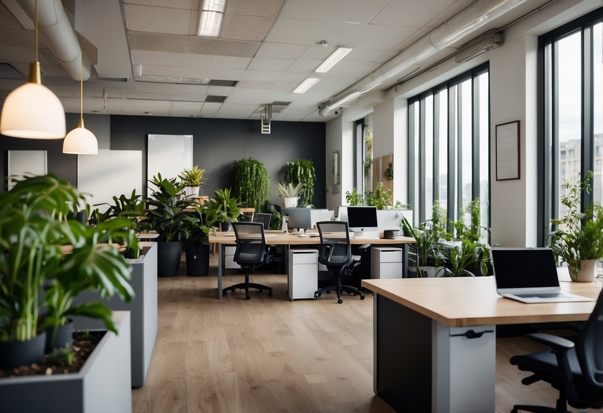 A modern office with sleek desks, ergonomic chairs, and vibrant wall art. The space is filled with natural light and plants, creating a welcoming and productive environment