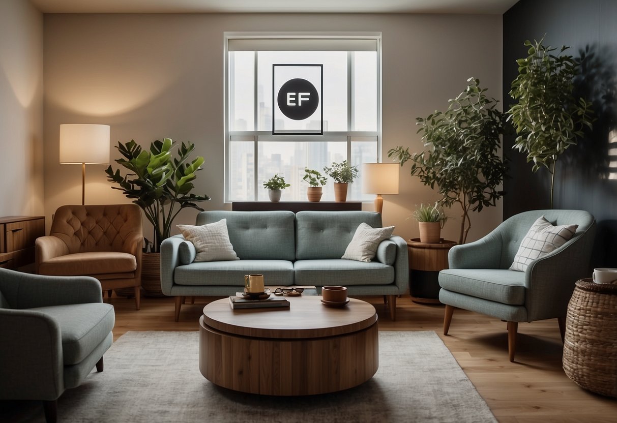 A room with a variety of furniture, with a prominent "Frequently Asked Questions" sign