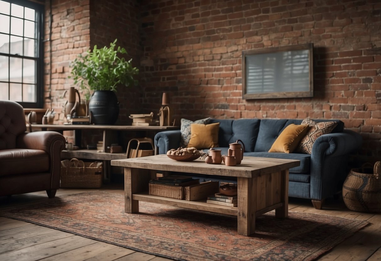 A cozy living room with a weathered wooden coffee table, a distressed dresser, and a reclaimed wood bookshelf against a backdrop of exposed brick walls and vintage rugs