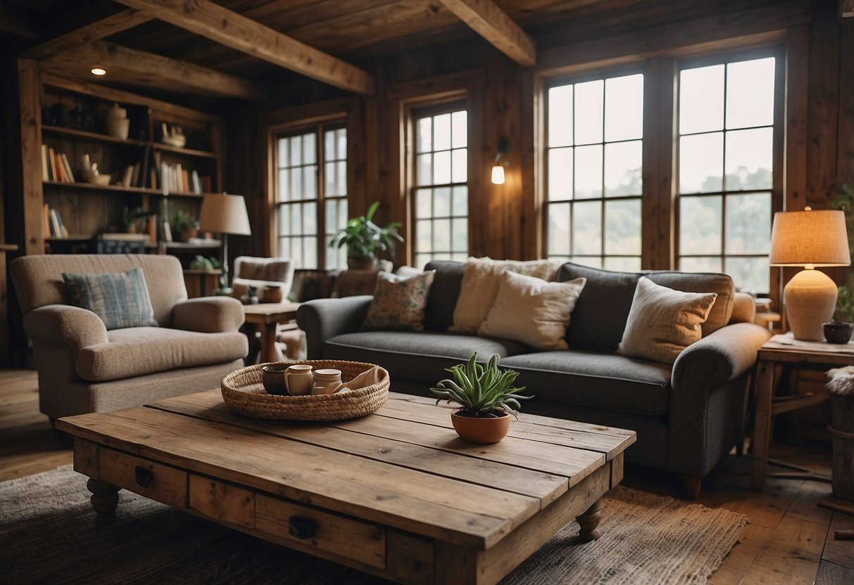 A cozy living room with a weathered wooden coffee table, a distressed barn wood bookshelf, and a reclaimed wood dining table surrounded by mismatched chairs