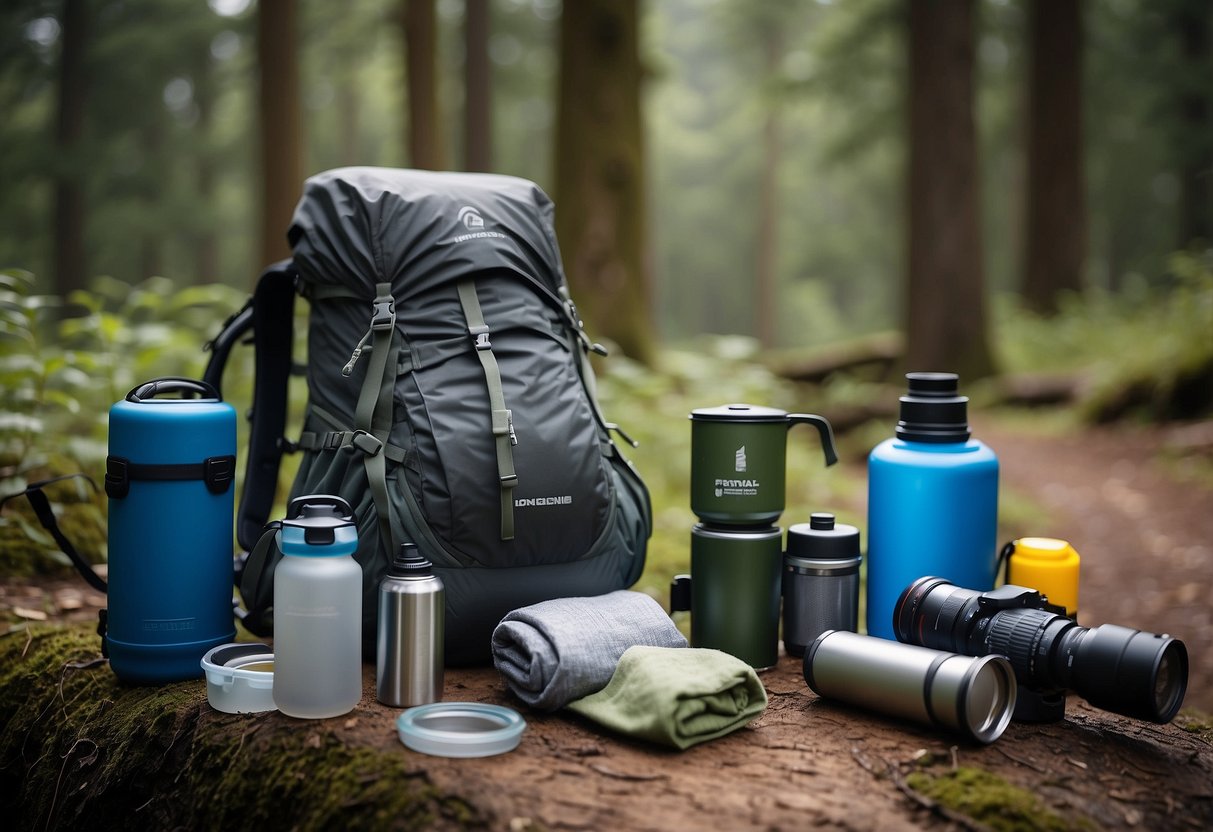 A backpack with essential gear, a compact sleeping bag, a lightweight tent, a portable stove, and a water filtration system laid out on a trail