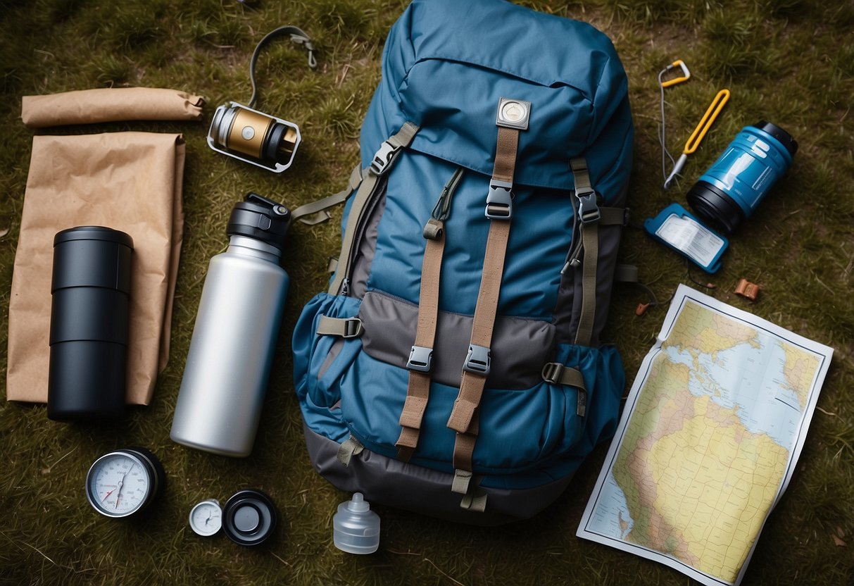 A backpack with a sleeping bag, tent, cooking stove, and water filter laid out on the ground, surrounded by a map, compass, and multi-tool