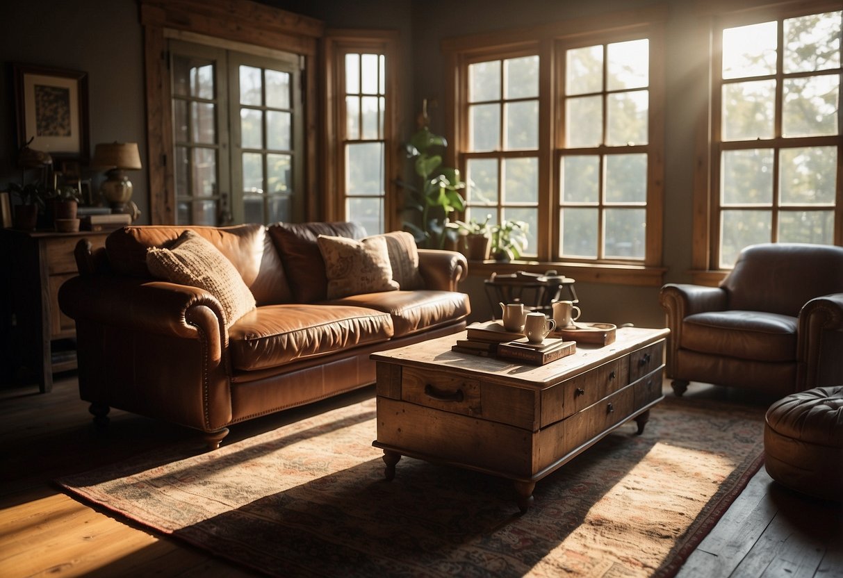 A cozy living room with a reclaimed wood coffee table, a distressed leather sofa, and a vintage rug. Sunlight streams in through the window, casting warm shadows on the worn, weathered surfaces