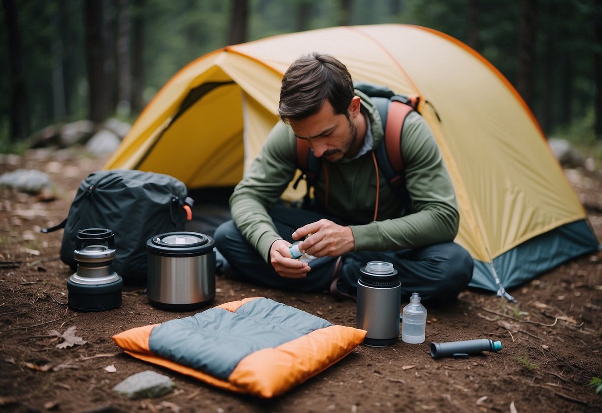 A backpacker selects lightweight gear: tent, sleeping bag, stove, and water filter. Map and compass in hand, they plan their route