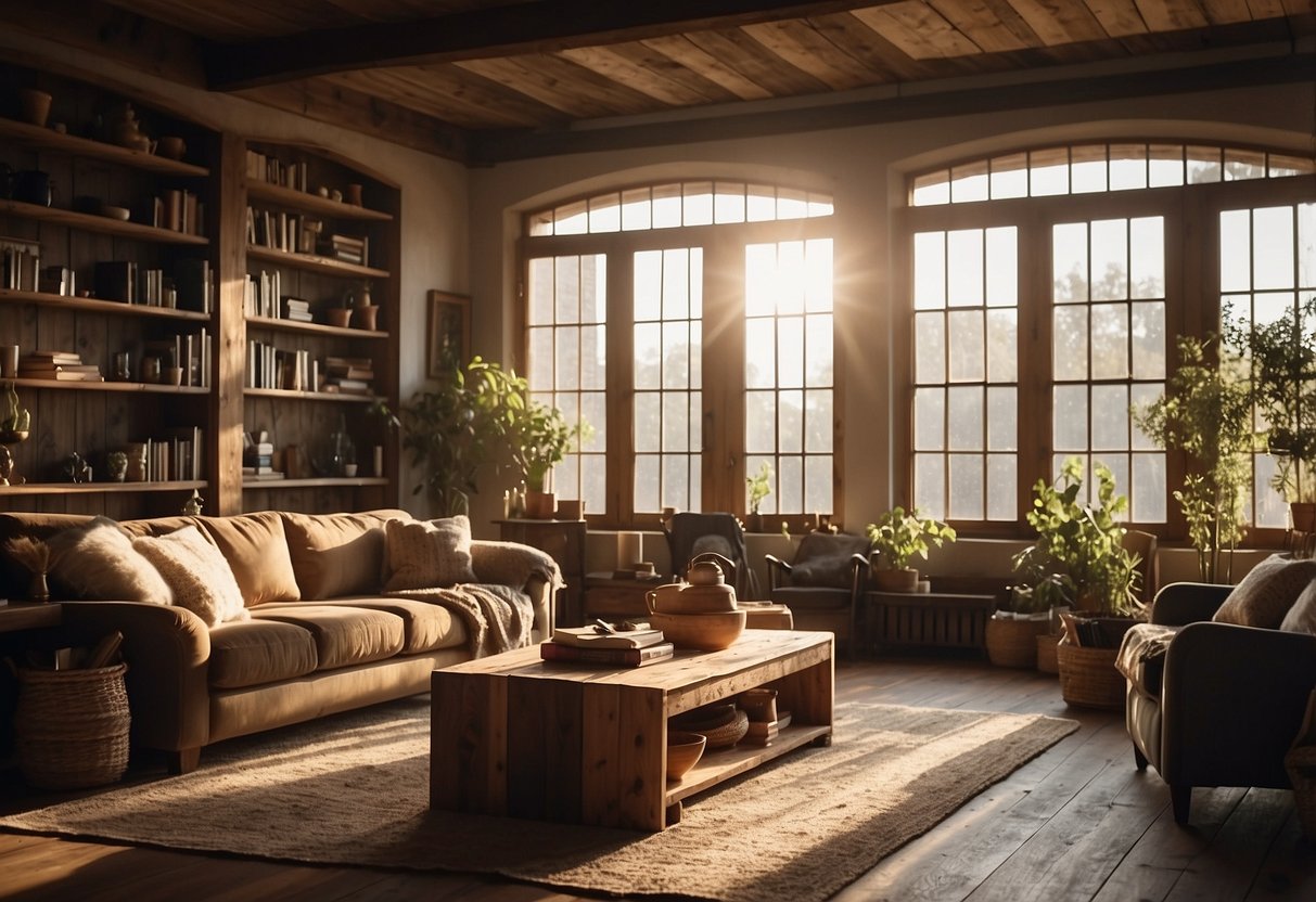 A cozy living room with a weathered wood coffee table and a bookshelf made of reclaimed timber. Sunlight streams in through the window, casting warm shadows on the rustic furniture