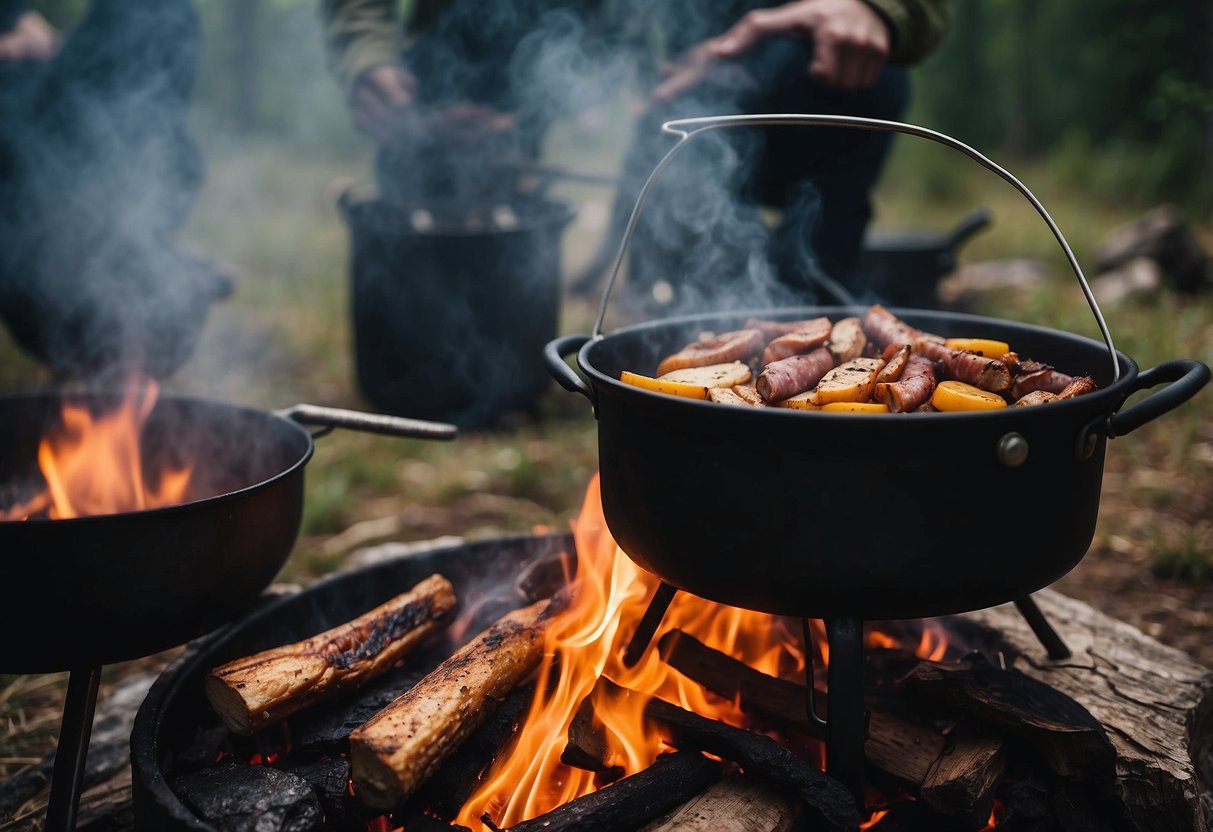 A campfire surrounded by a variety of cooking pots and utensils. Steam rises from a pot of hearty stew, while a skillet sizzles with frying bacon. Nearby, a hiker's backpack is propped against a tree, filled with ingredients