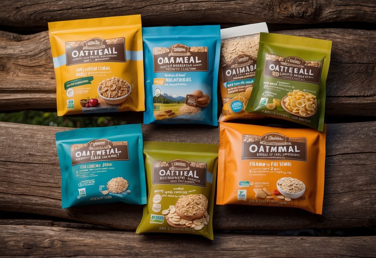 A colorful array of instant oatmeal packets arranged on a rustic wooden surface, surrounded by camping gear and a scenic outdoor backdrop