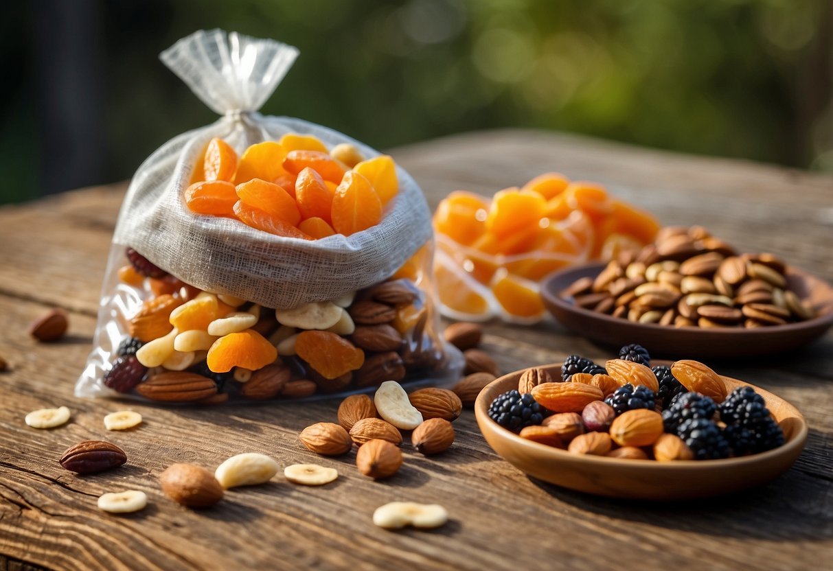 A colorful assortment of dried fruits, nuts, and seeds spills out of a resealable bag onto a rustic wooden surface, ready to be mixed into a delicious and easy backpacking meal