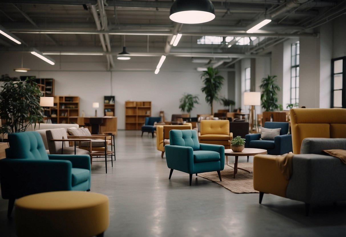 A room filled with various types of furniture, including chairs, tables, and sofas. A person is sitting and testing each piece for comfort and durability